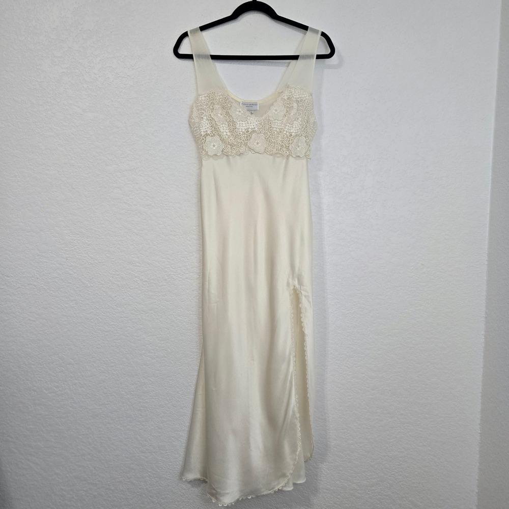 Flora Nikrooz Ivory Silk Lace Trim Midi Nightgown Slip Dress Made in USA Small